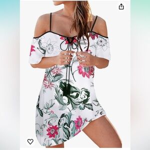 🟤NWT UPOPBY Cold-Shoulder Flower Print Mini Dress in Pink/White XL